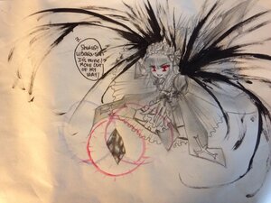 Rating: Safe Score: 0 Tags: 1girl dress english_text frills image long_hair long_sleeves monochrome red_eyes solo spot_color suigintou wings User: admin