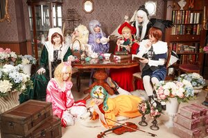 Rating: Safe Score: 0 Tags: blonde_hair bottle brown_hair closed_eyes flower food indoors long_hair long_sleeves multiple_boys multiple_cosplay multiple_girls sitting table tagme white_hair User: admin