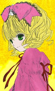 Rating: Safe Score: 0 Tags: 1girl blonde_hair bow green_eyes hair_bow hina_ichigo hinaichigo image looking_at_viewer pink_bow short_hair smile solo upper_body yellow_background User: admin