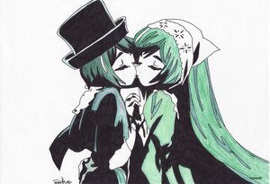 Rating: Safe Score: 0 Tags: 2others blush cape closed_eyes green_hair hat hood image kiss long_hair multiple_others pair short_hair signature souseiseki suiseiseki yuri User: admin