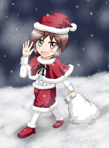 Rating: Safe Score: 0 Tags: 1girl blush brown_hair capelet christmas green_eyes hat heterochromia image open_mouth pantyhose sack santa_costume santa_hat short_hair smile snow solo souseiseki white_legwear User: admin