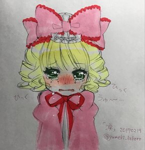 Rating: Safe Score: 0 Tags: 1girl blush bow crying crying_with_eyes_open dated dress eyebrows_visible_through_hair green_eyes green_hair grey_background hair_bow hinaichigo image kagiyama_hina long_sleeves looking_at_viewer photo puffy_sleeves ribbon short_hair solo tears traditional_media User: admin