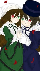 Rating: Safe Score: 0 Tags: 2girls blush brown_hair dress frills green_dress hat heterochromia holding_hands image long_hair long_sleeves multiple_girls pair petals red_eyes ribbon short_hair siblings sisters souseiseki suiseiseki top_hat twins User: admin