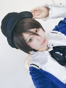 Rating: Safe Score: 0 Tags: 1girl beret black_hair black_headwear black_ribbon blue_headwear closed_mouth frills hair_between_eyes hat lips long_sleeves looking_at_viewer neck_ribbon realistic ribbon shirt short_hair solo souseiseki striped upper_body vertical_stripes white_shirt User: admin
