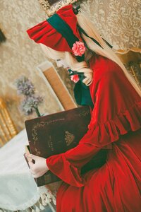 Rating: Safe Score: 0 Tags: 1girl book dress flower holding indoors long_hair long_sleeves nail_polish red_dress rose shinku sitting solo white_hair User: admin