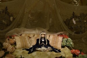 Rating: Safe Score: 0 Tags: 1girl candle closed_eyes cross curtains doll dress flower indoors long_hair red_flower red_rose rose sitting solo suigintou veil white_flower white_rose User: admin