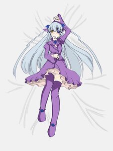 Rating: Safe Score: 0 Tags: 1girl barasuishou dress eyepatch full_body image long_hair long_sleeves lying purple_dress purple_footwear purple_legwear ribbon silver_hair solo thighhighs very_long_hair yellow_eyes zettai_ryouiki User: admin