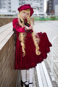 Rating: Safe Score: 0 Tags: 1girl blonde_hair blurry blurry_background bonnet building depth_of_field dress full_body long_hair long_sleeves looking_at_viewer outdoors pantyhose red_dress shinku shoes solo standing white_legwear User: admin