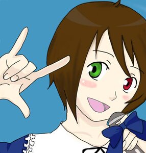 Rating: Safe Score: 0 Tags: 1girl :d blush bow bowtie brown_hair double_v green_eyes heterochromia image looking_at_viewer open_mouth red_eyes short_hair simple_background smile solo souseiseki v User: admin