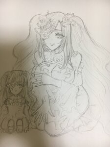 Rating: Safe Score: 0 Tags: bow dress flower frills hair_flower hair_ornament image kirakishou long_hair monochrome multiple_girls rose smile solo traditional_media twintails User: admin