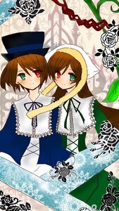 Rating: Safe Score: 0 Tags: 2girls blue_dress brown_hair dress flower green_dress green_eyes hat head_scarf heterochromia image long_hair long_sleeves looking_at_viewer multiple_girls pair red_eyes rose short_hair siblings sisters smile souseiseki suiseiseki top_hat twins User: admin