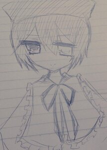 Rating: Safe Score: 0 Tags: 1girl eyebrows_visible_through_hair frills image monochrome short_hair simple_background solo souseiseki traditional_media white_background User: admin