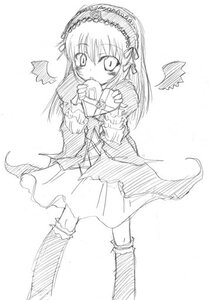 Rating: Safe Score: 0 Tags: 1girl blush dress greyscale hairband image lolita_hairband long_hair long_sleeves looking_at_viewer monochrome simple_background solo standing suigintou white_background wings User: admin