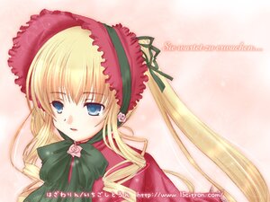 Rating: Safe Score: 0 Tags: 1girl blonde_hair blue_eyes bonnet bow bowtie flower green_bow image long_hair long_sleeves looking_at_viewer pink_rose rose shinku solo twintails User: admin