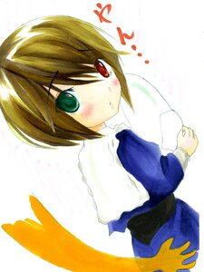 Rating: Safe Score: 0 Tags: 1girl blue_dress blush brown_hair cup dress frills green_eyes heterochromia holding image long_sleeves looking_at_viewer looking_back red_eyes simple_background solo souseiseki striped upper_body white_background User: admin