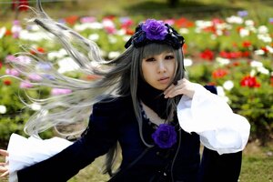Rating: Safe Score: 0 Tags: 1girl bangs black_hair blunt_bangs blurry blurry_background depth_of_field dress flower lips long_hair long_sleeves purple_flower purple_rose realistic rose solo suigintou upper_body User: admin