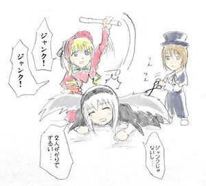 Rating: Safe Score: 0 Tags: 3girls blonde_hair bowtie dress hat image long_sleeves multiple multiple_girls shinku simple_background suigintou tagme white_background User: admin