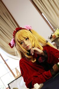 Rating: Safe Score: 0 Tags: 1girl blonde_hair blue_eyes blurry curtains flower lips long_hair long_sleeves looking_at_viewer shinku sitting solo table window User: admin
