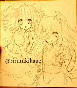 Rating: Safe Score: 0 Tags: 2girls apron blush bow hair_bow hair_ornament hinaichigo image kirakishou kirisame_marisa long_hair looking_at_viewer monochrome multiple_girls open_mouth pair smile traditional_media yellow_theme User: admin