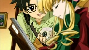 Rating: Safe Score: 0 Tags: 1boy blonde_hair blurry blurry_foreground closed_eyes depth_of_field drill_hair glasses green_shirt holding image long_sleeves open_mouth sakurada_jun shinku shirt smile solo User: admin