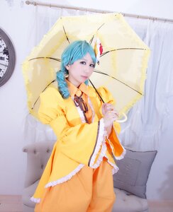 Rating: Safe Score: 0 Tags: 1girl blue_eyes blue_hair braid dress holding_umbrella kanaria lips long_hair orange_dress parasol solo transparent transparent_umbrella umbrella wide_sleeves yellow_dress User: admin