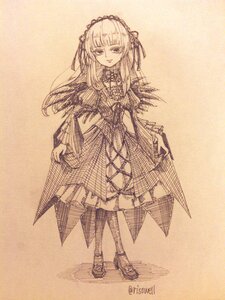 Rating: Safe Score: 0 Tags: 1girl dress full_body image long_hair long_sleeves looking_at_viewer monochrome smile solo standing suigintou traditional_media User: admin