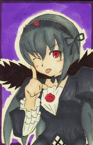 Rating: Safe Score: 0 Tags: 1girl auto_tagged black_dress black_hair black_wings dress flower frills gothic_lolita hairband image index_finger_raised lolita_fashion long_hair long_sleeves looking_at_viewer one_eye_closed open_mouth red_eyes red_flower red_rose rose simple_background solo suigintou traditional_media wings User: admin