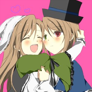 Rating: Safe Score: 0 Tags: 2girls :d ^_^ blush brown_hair closed_eyes dress frills green_dress hat head_scarf heterochromia hug image long_hair long_sleeves multiple_girls open_mouth pair red_eyes short_hair siblings sisters smile souseiseki suiseiseki twins User: admin