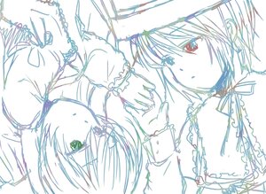 Rating: Safe Score: 0 Tags: 2girls dress hat holding_hands image long_sleeves lying monochrome multiple_girls on_back pair ribbon short_hair sketch souseiseki suiseiseki User: admin