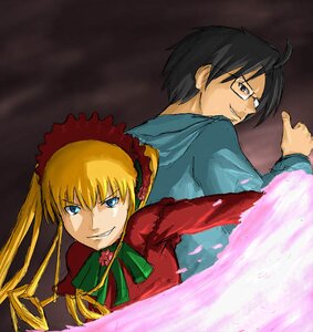 Rating: Safe Score: 0 Tags: 1boy 1girl blonde_hair blue_eyes bonnet dress glasses grin image long_hair long_sleeves looking_at_viewer red_dress shinku smile solo User: admin