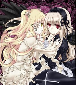 Rating: Safe Score: 0 Tags: 2girls black_wings blonde_hair doll_joints dress flower frills green_eyes hairband image joints kirakishou lolita_fashion long_hair long_sleeves looking_at_viewer multiple_girls pair red_eyes rose silver_hair smile suigintou very_long_hair wings User: admin