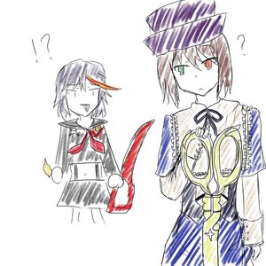Rating: Safe Score: 0 Tags: 2girls ? hat image matoi_ryuuko multicolored_hair multiple_girls red_eyes red_hair short_hair solo souseiseki streaked_hair striped User: admin