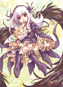 Rating: Safe Score: 0 Tags: 1girl black_wings boots detached_collar dress flower frills full_body hairband image knee_boots long_hair long_sleeves looking_at_viewer red_eyes ribbon silver_hair solo suigintou very_long_hair wings User: admin