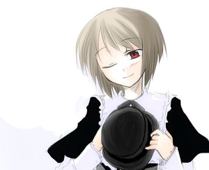 Rating: Safe Score: 0 Tags: 1girl auto_tagged brown_hair closed_mouth dress hat hat_removed headwear_removed holding holding_clothes holding_hat image long_sleeves looking_at_viewer one_eye_closed red_eyes short_hair simple_background smile solo souseiseki striped striped_background top_hat upper_body vertical_stripes white_background User: admin