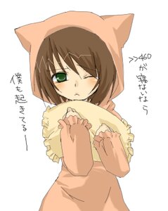 Rating: Safe Score: 0 Tags: 1girl animal_costume animal_hood blush brown_hair cat_hood green_eyes hood image long_sleeves pajamas simple_background solo souseiseki white_background User: admin