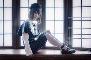 Rating: Safe Score: 0 Tags: 1girl brown_hair dress hat indoors long_sleeves rain shoes short_hair shouji sitting skirt sliding_doors solo souseiseki tatami window User: admin