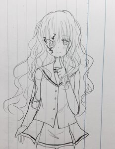 Rating: Safe Score: 0 Tags: 1girl bandaid blush curly_hair greyscale image kirakishou long_hair long_sleeves looking_at_viewer monochrome pleated_skirt school_uniform skirt smile solo wavy_hair User: admin