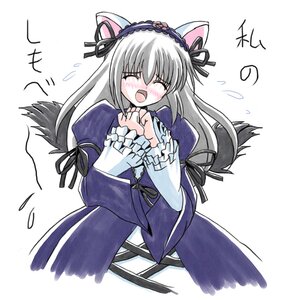 Rating: Safe Score: 3 Tags: 1girl animal_ears blush cat_ears closed_eyes dress eyebrows_visible_through_hair flying_sweatdrops frilled_hairband frilled_sleeves frills hairband image imai_kazunari kemonomimi_mode long_hair long_sleeves nekomimi_mode_(tsukuyomi) open_mouth parody ribbon rozen_maiden silver_hair simple_background solo suigintou translated tsukuyomi_moonphase upper_body white_background wings User: admin