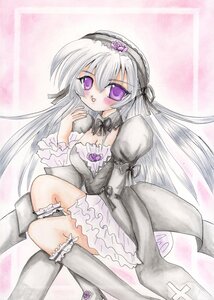 Rating: Safe Score: 0 Tags: 1girl blush detached_collar dress flower frills hairband image juliet_sleeves leg_garter lolita_fashion lolita_hairband long_hair long_sleeves looking_at_viewer marker_(medium) puffy_sleeves purple_eyes rose silver_hair sitting solo suigintou traditional_media very_long_hair User: admin