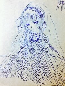 Rating: Safe Score: 0 Tags: 1girl bangs dress frills hairband image lolita_hairband long_hair long_sleeves looking_at_viewer monochrome solo suigintou traditional_media veil User: admin