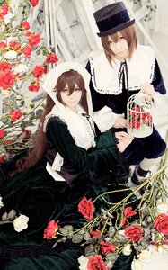 Rating: Safe Score: 0 Tags: 2boys brown_hair dress flower hat long_hair looking_at_viewer multiple_boys multiple_cosplay red_flower red_rose rose siblings sisters sitting smile souseiseki suiseiseki tagme thorns twins watering_can User: admin