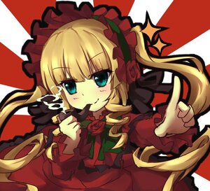 Rating: Safe Score: 0 Tags: 1girl blonde_hair blue_eyes bow dress flower image long_hair long_sleeves looking_at_viewer pointing rose shinku smile solo sunburst User: admin