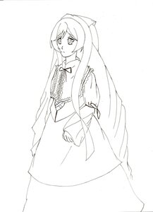 Rating: Safe Score: 0 Tags: 1girl bow cowboy_shot greyscale image long_hair long_sleeves looking_at_viewer monochrome solo standing striped suiseiseki User: admin