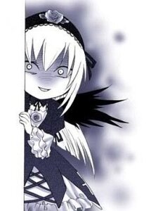 Rating: Safe Score: 0 Tags: 1girl blush dress flower frills gothic_lolita hairband image lolita_fashion long_hair long_sleeves monochrome rose smile solo suigintou wings User: admin