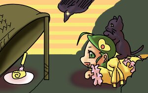 Rating: Safe Score: 0 Tags: 1girl cat green_eyes green_hair hood hoodie image kanaria solo User: admin