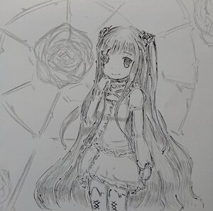 Rating: Safe Score: 0 Tags: 1girl dress greyscale image kirakishou long_hair looking_at_viewer monochrome sketch smile solo standing traditional_media twintails very_long_hair User: admin