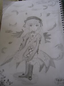Rating: Safe Score: 0 Tags: 1girl bird black_feathers cross detached_collar dress feathered_wings feathers flower greyscale hairband image long_hair long_sleeves looking_at_viewer monochrome photo ribbon rose signature solo standing suigintou traditional_media very_long_hair wings User: admin