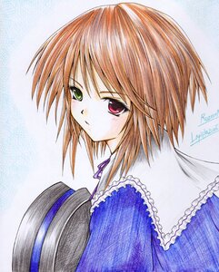 Rating: Safe Score: 0 Tags: 1girl brown_hair dress frills green_eyes heterochromia image long_sleeves looking_at_viewer looking_back red_eyes solo souseiseki upper_body User: admin