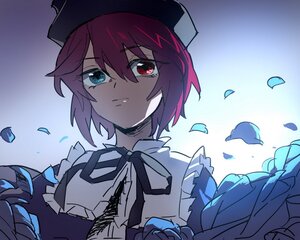 Rating: Safe Score: 0 Tags: 1girl blue_eyes closed_mouth eyebrows_visible_through_hair gradient gradient_background hat heterochromia image looking_at_viewer petals red_eyes ribbon ribbon_trim saigyouji_yuyuko short_hair solo souseiseki upper_body User: admin