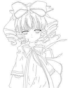 Rating: Safe Score: 0 Tags: 1girl blush bow dress drill_hair eyebrows_visible_through_hair greyscale hinaichigo image kagiyama_hina long_hair looking_at_viewer monochrome ribbon solo striped User: admin